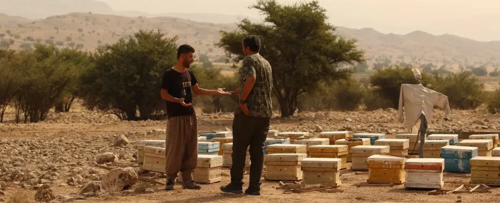 Iman Ebrahimi speaking with a beekeeper beside beehives during fieldwork on bee-eater conflict mitigation in Iran.