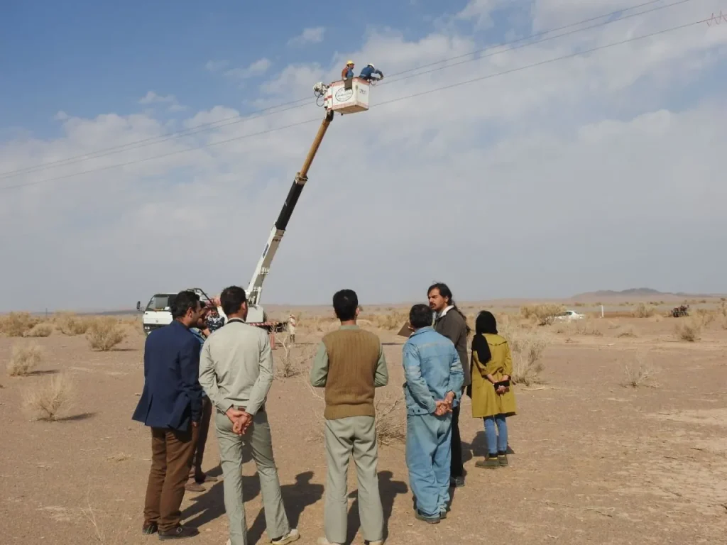 Iman Ebrahimi explaining the installation of bird diverters during power-line collision mitigation work in Abbas Abad Wildlife Refuge.